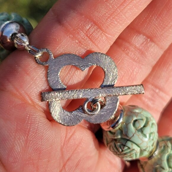 Absolutely stunning RARE Chinese natural green turquoise carved shou beads sterl - Picture 6 of 16